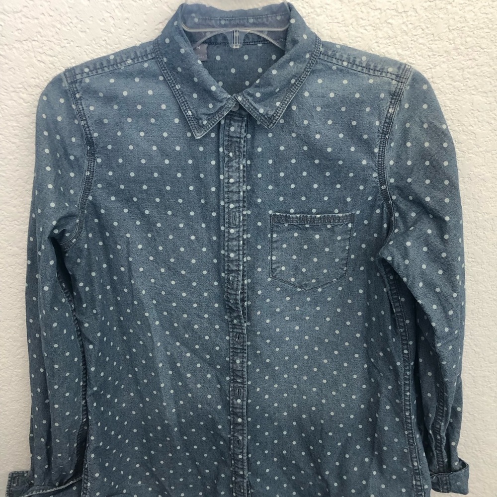 Chambray polka dot button down top
